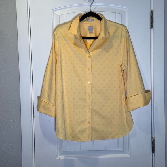 Chico's  Yellow No Iron Chic Stretch Polka Dot Chico’s Size 2 (12) or large - Picture 1 of 4